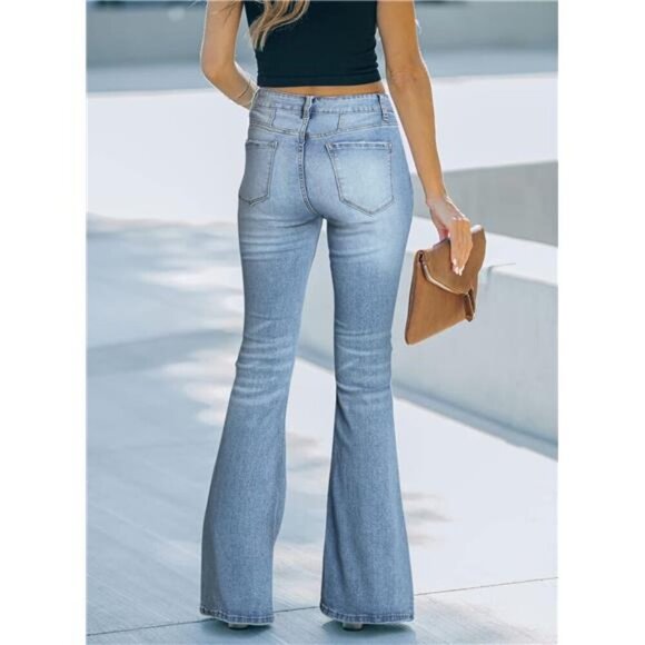 Light Blue Flare Bell Bottom Jeans Wide Leg Button High Waist Bootcut Jeans - Picture 4 of 8